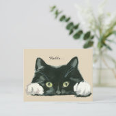mignonne noir et blanc chat bonjour carte postale (Debout devant)