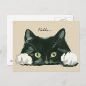 mignonne noir et blanc chat bonjour carte postale (Devant / Derrière)