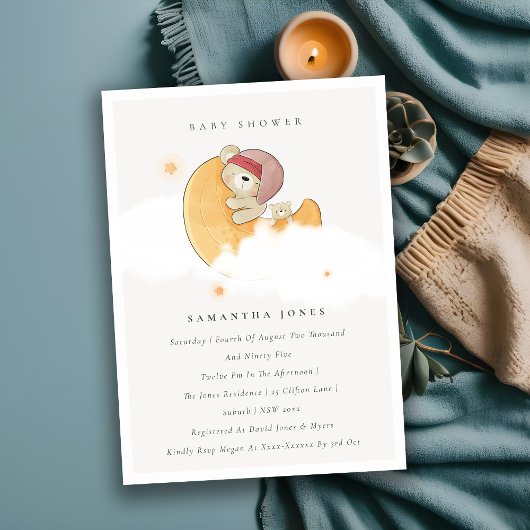 Mignonne Ours Sleepy sur Lune fille Invitation Bab