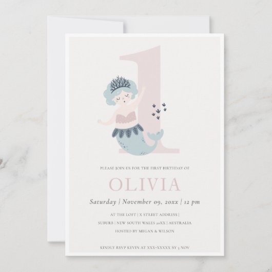 Mignonne petite sirène bleue rose 1er Invitation d (Devant)