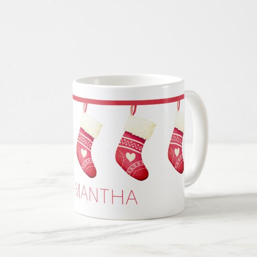 Mignonne rouge Noël Stocker Nom Mug (Devant droit)