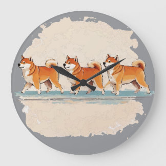 mignonne shiba inu marche en ligne grande horloge