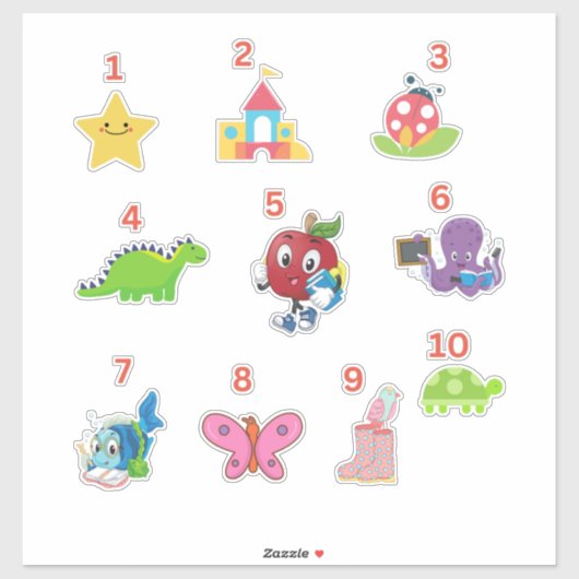 Mignons numéros préscolaires 1-10 Stickers de viny (Feuille)