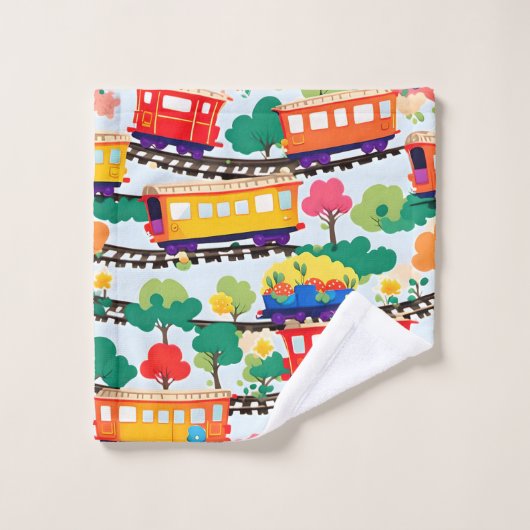 Mignons trains et motif d'arbres bleu (Gant de toilette)