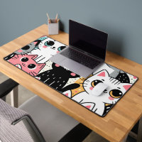 Mignons visages de chat Kawaii et cœurs fantaisist