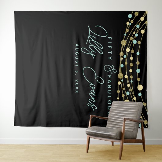 mijlpalen verjaardagsfeest banner turquoise en gou wandkleed (In Situ (horizontaal))