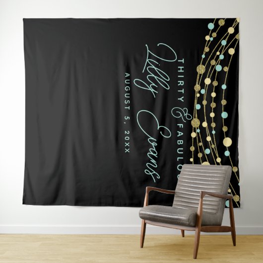 Mijlpalen verjaardagsfeest banner turquoise en gou wandkleed (In Situ (horizontaal))