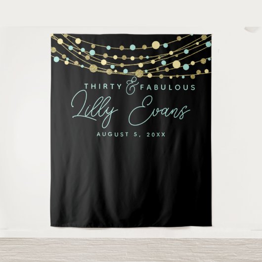 Mijlpalen verjaardagsfeest banner turquoise en gou wandkleed (Voorkant)