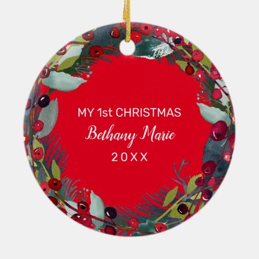 Mijn 1e Kerst Baby Foto Holly Wreath Keramisch Ornament (Achterkant)