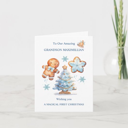 Mijn 1e Kerstmis Gingerbread Boy Snowy Tree Kaart (Voorkant)