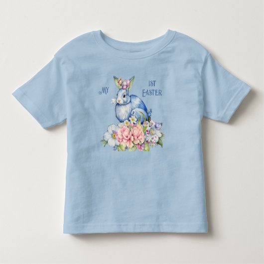 Mijn 1e Pasen Bloemenkranz Blauwe Konijn Roze Bloe Kinder Shirts (Voorkant)