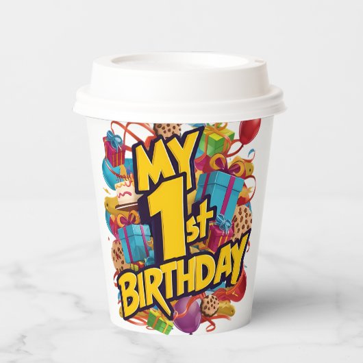 Mijn 1e verjaardag koekjes taart en ballonnen papieren bekers (Voorkant)