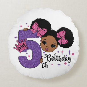 Mijn 5e Verjaardag Zwart Meisje Glitter Princess D Rond Kussen