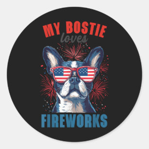Mijn Boston Terrier houdt van vuurwerk 4 juli hond Ronde Sticker