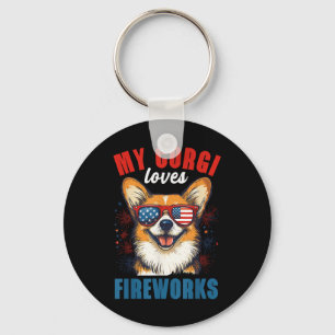 Mijn Corgi houdt van vuurwerk 4 juli Patriottische Sleutelhanger