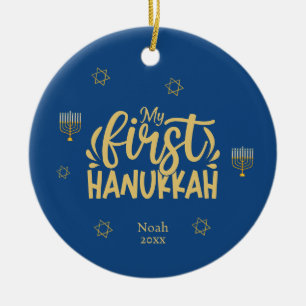 Mijn eerste hanukkah Blue, Star, Menorah Keramisch Ornament