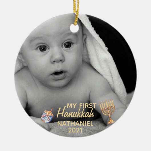 Mijn Eerste Hanukkah Menorah Foto Sjabloon Keramisch Ornament (Voorkant)