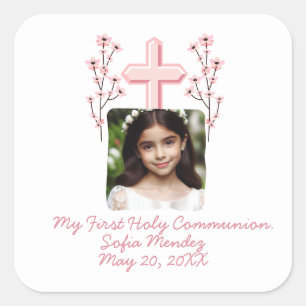Mijn eerste Heilige Communie Custom Photo Floral Vierkante Sticker