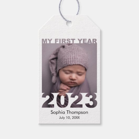 Mijn eerste jaar 2023 Modern Cutout Baby White Cadeaulabel (Voorkant)