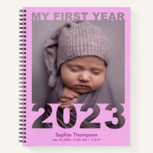 Mijn eerste jaar 2023 Moderne Cutout Baby Foto roz Notitieboek
