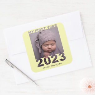 Mijn eerste jaar 2023 Moderne Cutout Baby Fotogeel Vierkante Sticker
