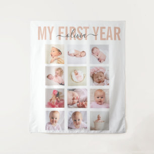 Mijn Eerste Jaar Baby Meisje Naam 12 Foto Collage Wandkleed