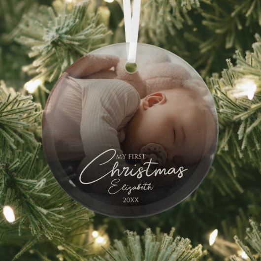 Mijn eerste kerst Baby foto Elegant Script Glas Ornament (Insitu)