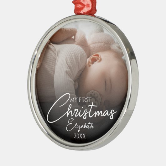 Mijn eerste kerst Baby foto Elegant Script Metalen Ornament (Links)