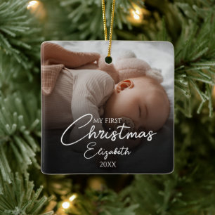 Mijn eerste kerst baby foto elegante script keramisch ornament