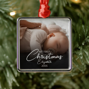 Mijn eerste kerst baby foto elegante script metalen ornament