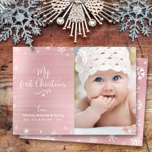 Mijn eerste kerst baby foto sneeuwvlokken roze gou feestdagenkaart