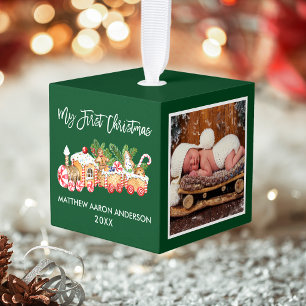 Mijn eerste kerst gingerbrood trein groene foto kubus ornament