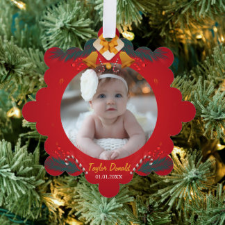 Mijn eerste kerst rood gepersonaliseerde baby naam ornament kaart