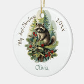 Mijn eerste kerst Schattigee  Wasbeer Baby Naam Keramisch Ornament (Links)