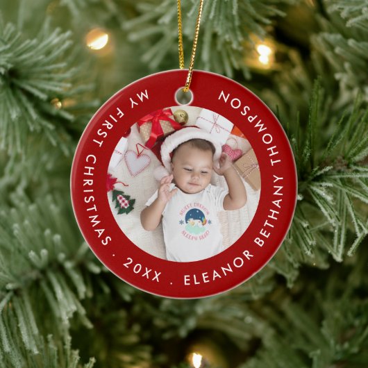 Mijn eerste kerstBaby Foto: Jaar Ruby Red Keramisch Ornament (Boom)