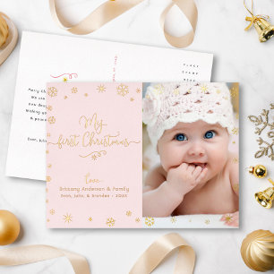 Mijn eerste kerstBaby Foto roze Chic Real Gold Folie Feestdagen Briefkaart