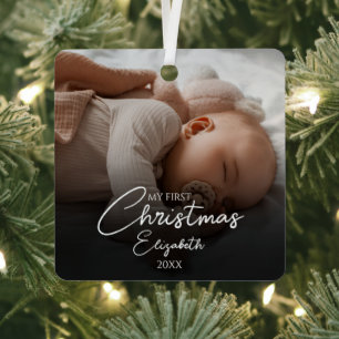 Mijn Eerste Kerstdag Baby Foto Elegante Script Metalen Ornament