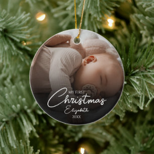 Mijn Eerste Kerstdag Babyfoto Elegant Schrift Keramisch Ornament
