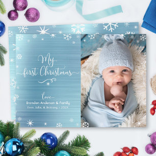 Mijn eerste kerstfoto Baby Foto Snowflakes Turquoi Feestdagenkaart