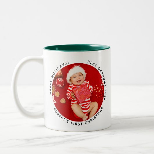 Mijn eerste kerstfoto Baby Grandma Holiday Tweekleurige Koffiemok (Links)