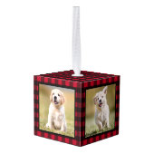 Mijn eerste kerstfoto met rode stipte hond foto va kubus ornament (Achter hoekig)
