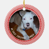 Mijn eerste kerstfoto Pet Red Gingham Keepomwille Keramisch Ornament (Achterkant)