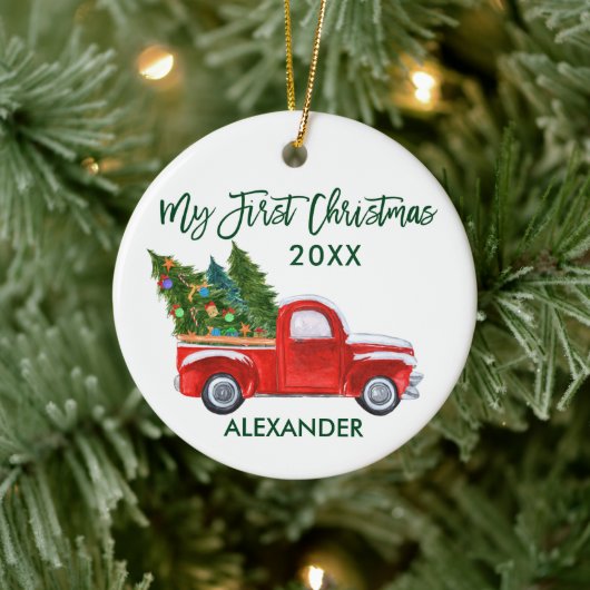 Mijn eerste kerstgroene script Truck Baby Keramisch Ornament (Boom)