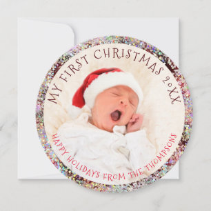 Mijn eerste kerstjaar foto Circular Glitter Feestdagenkaart