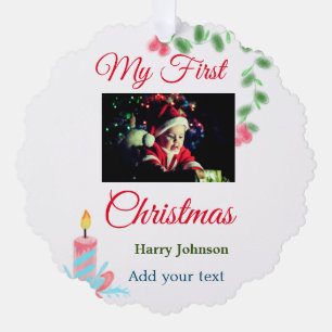 Mijn eerste kerstkaars voeg baby foto naam bladere ornament kaart