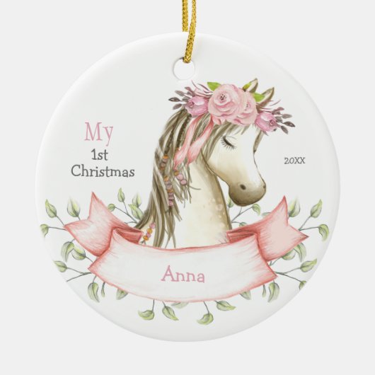 Mijn eerste Kerstkerst Boho Pony Naam Roze Keramisch Ornament (Voorkant)