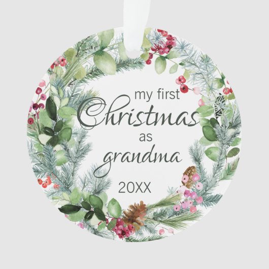 Mijn eerste Kerstmis als oma Evergreen Wreath Ornament (voorkant)