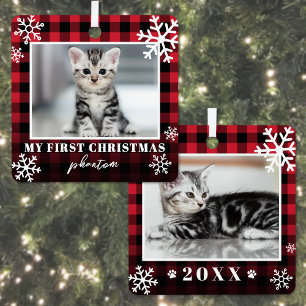 Mijn eerste Kerstmis geruite kattenfoto Metalen Ornament