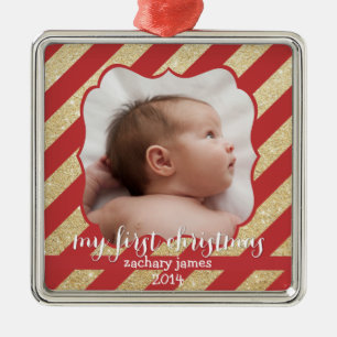 Mijn eerste kerstrood en gouden streep-versiering metalen ornament