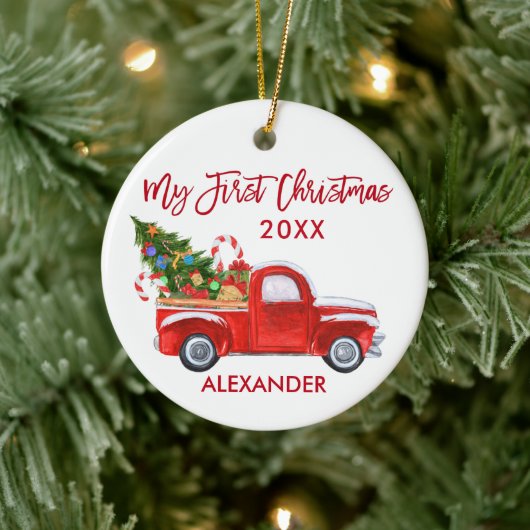 Mijn eerste kersttruck Candy Canes Baby Red Keramisch Ornament (Boom)